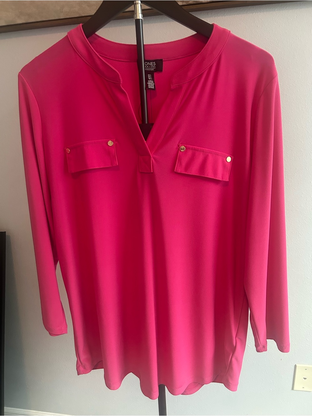 Jones New York Hot Pink Split V-Neck Long Sleeve Blouse